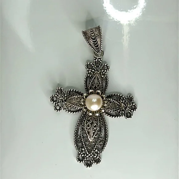 NWOT Ottoman Sterling Silver & Cultured Pearl Cross Pendant Necklace Spiritual